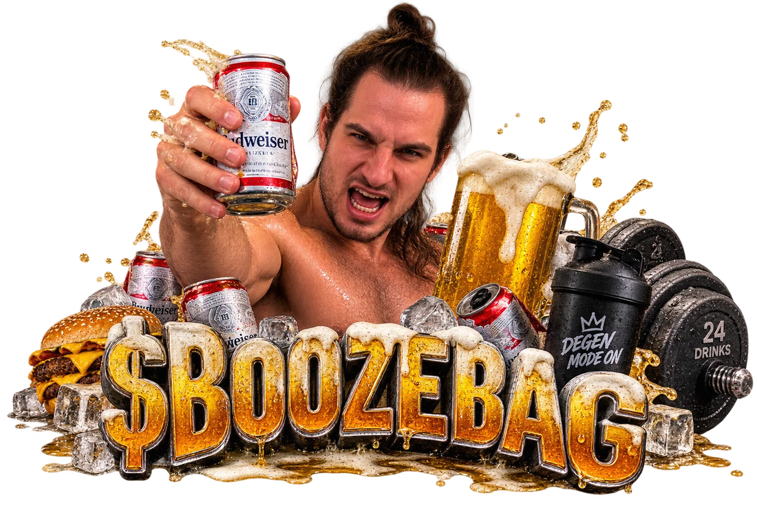 Boozebag mascot holding a Budweiser in front of a giant beer-soaked $BOOZEBAG logo, surrounded by cans, a cheeseburger, ice, a shaker that says Degen Mode On, and a 24 Drinks weight plate